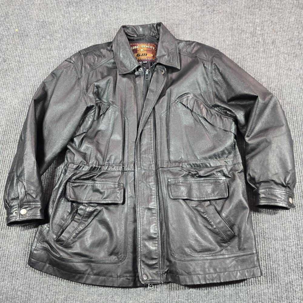 G-III Global Identity Coat Mens XL Black Leather Moto Military Jacket Full Zip